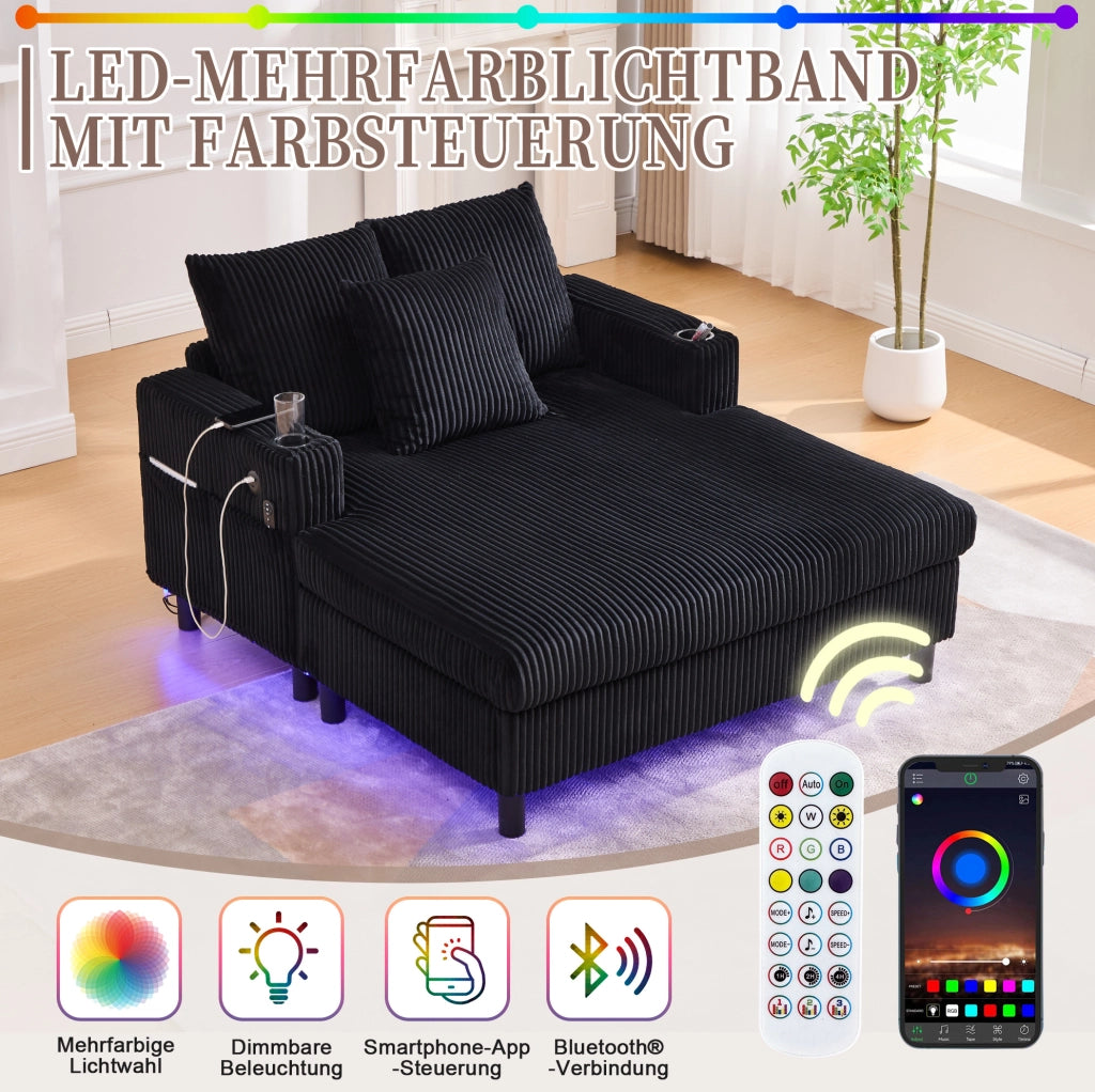 Poltrona relax oversize in velluto a coste nero con LED; USB; portabicchieri; 142 cm
