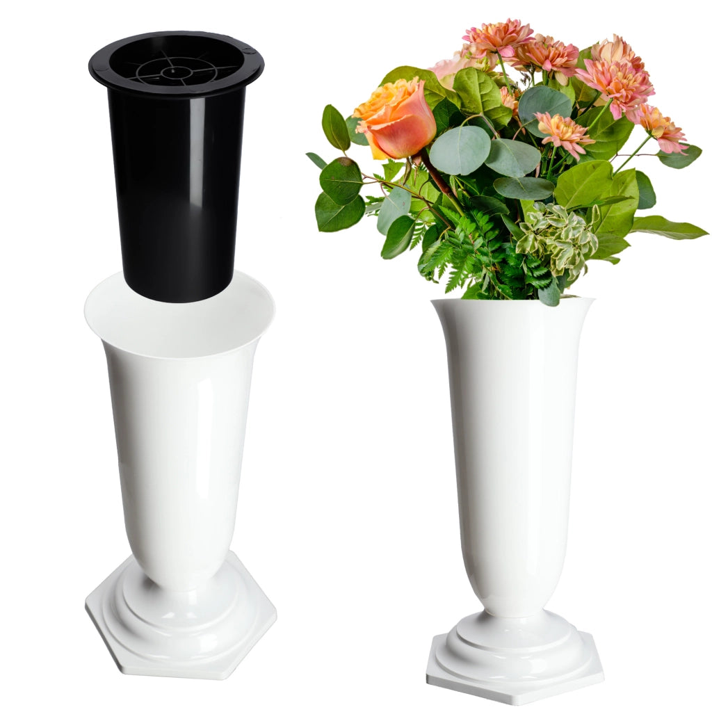 Vaso/bottiglia KADAX per cimitero, tomba, funerale, in plastica bianca, 23 cm, resistente al gelo.