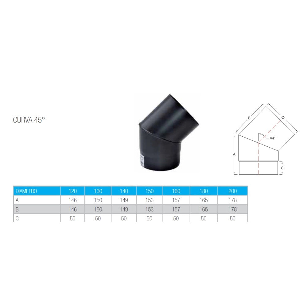 Curva a 45 gradi da 180mm per stufa a legna