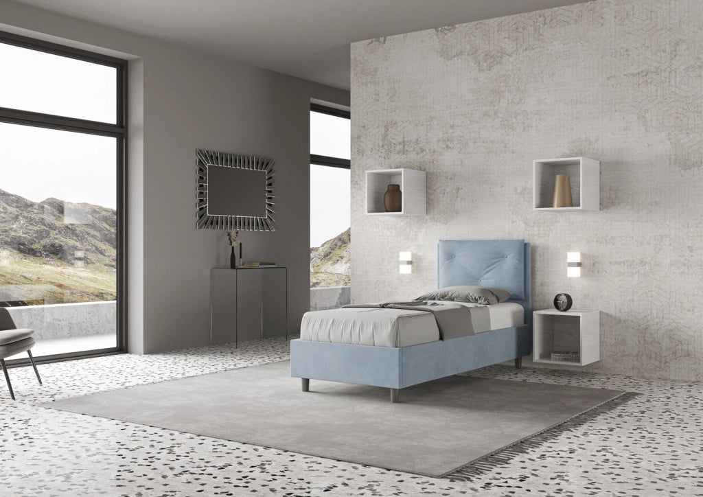 BS COM Letto singolo contenitore imbottito 90x200 microfibra azzurro