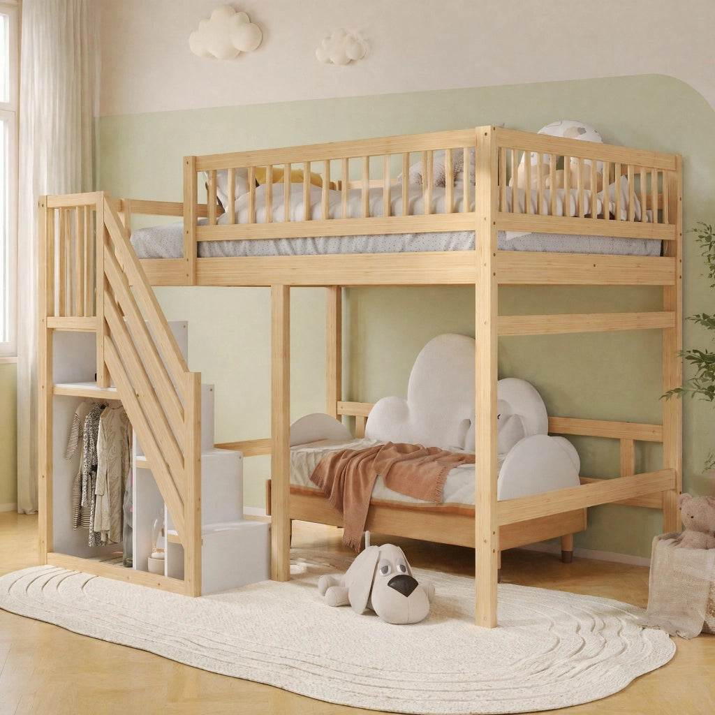 Letto a soppalco in legno massiccio 140x200 con scala contenitore e sponda alta