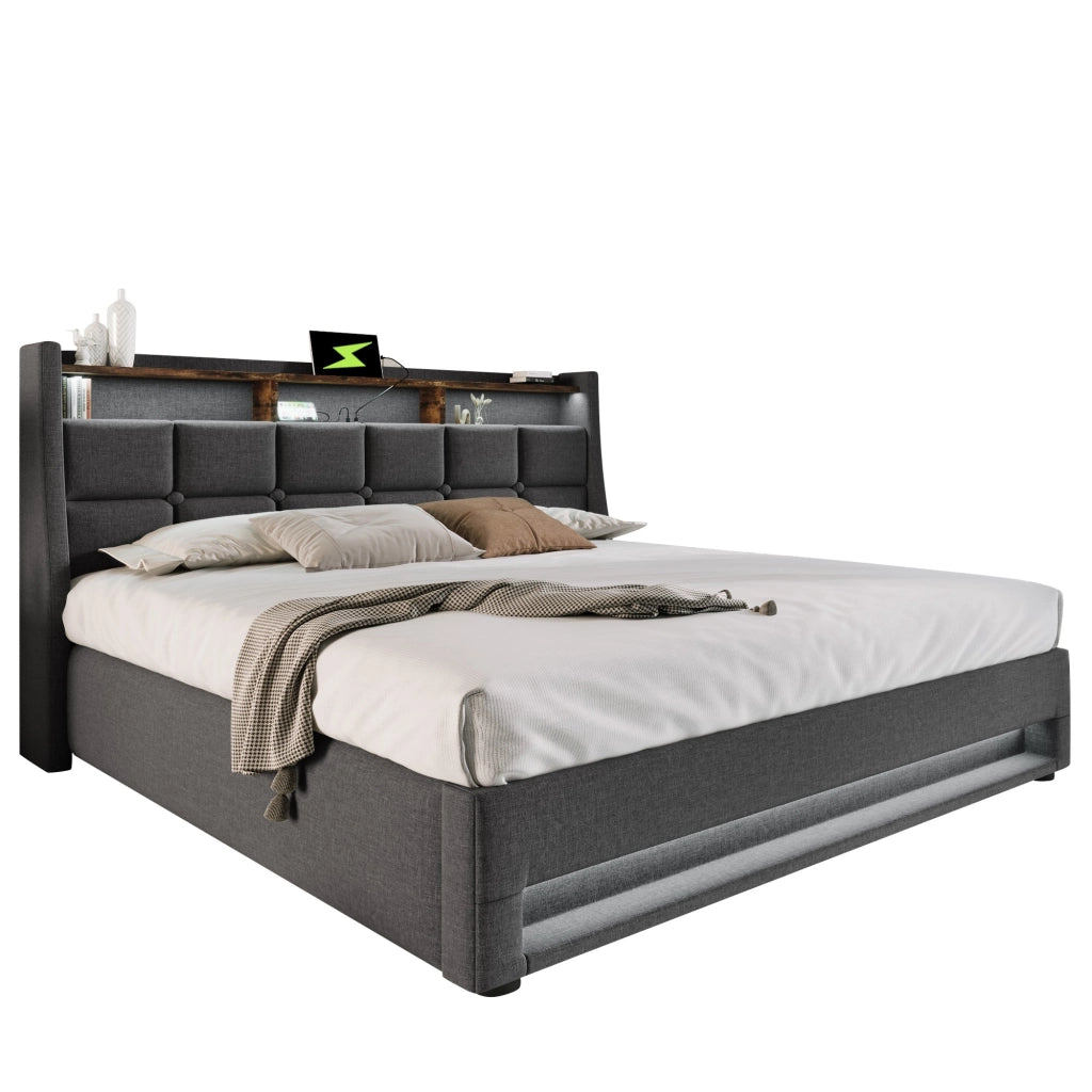 Letto doppio imbottito; 180x200cm; con LED e USB; telaio in tessuto di lino