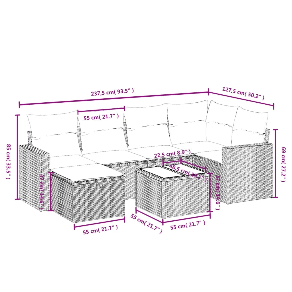 Set Divani da Giardino 7pz con Cuscini Grigio Chiaro Polyrattan 3263498
