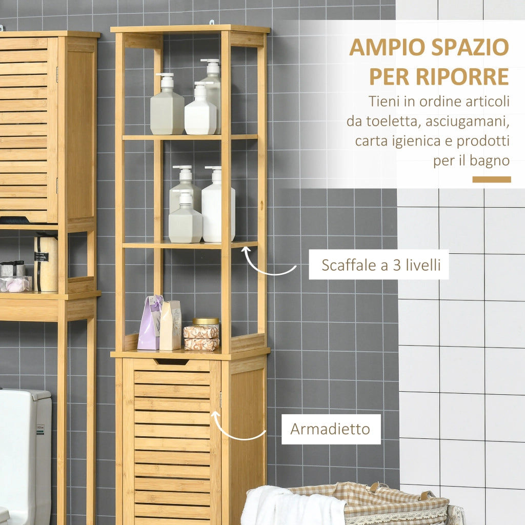 Mobile Bagno a 3 Ripiani e 1 Credenza, Design a Doghe, Bamb¨´, 34x30x173cm