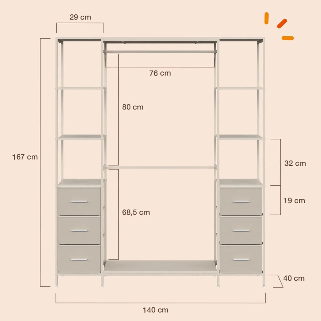 IDMarket - Armadio doppio UTAH + colonna doppia L. 140 cm con 6 ripiani e 6 cestini in tessuto beige