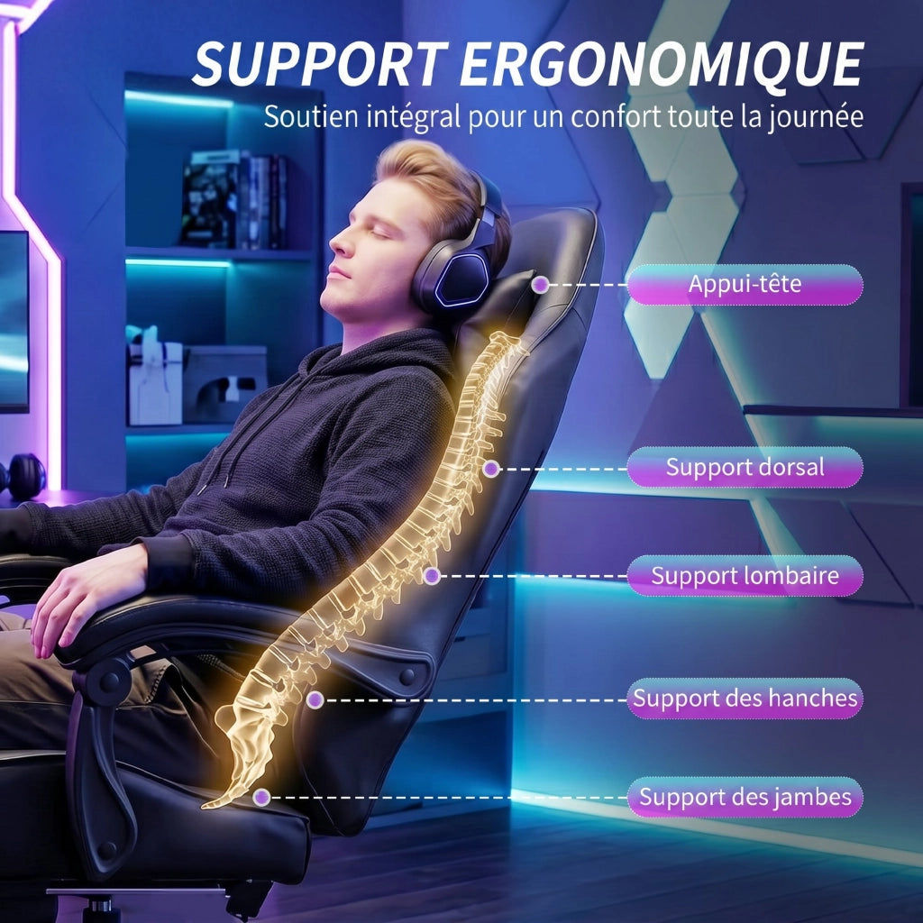 Poltrona da gaming ergonomica con massaggio lombare, schienale reclinabile, altezza regolabile ¨C zephmum ¨C nero