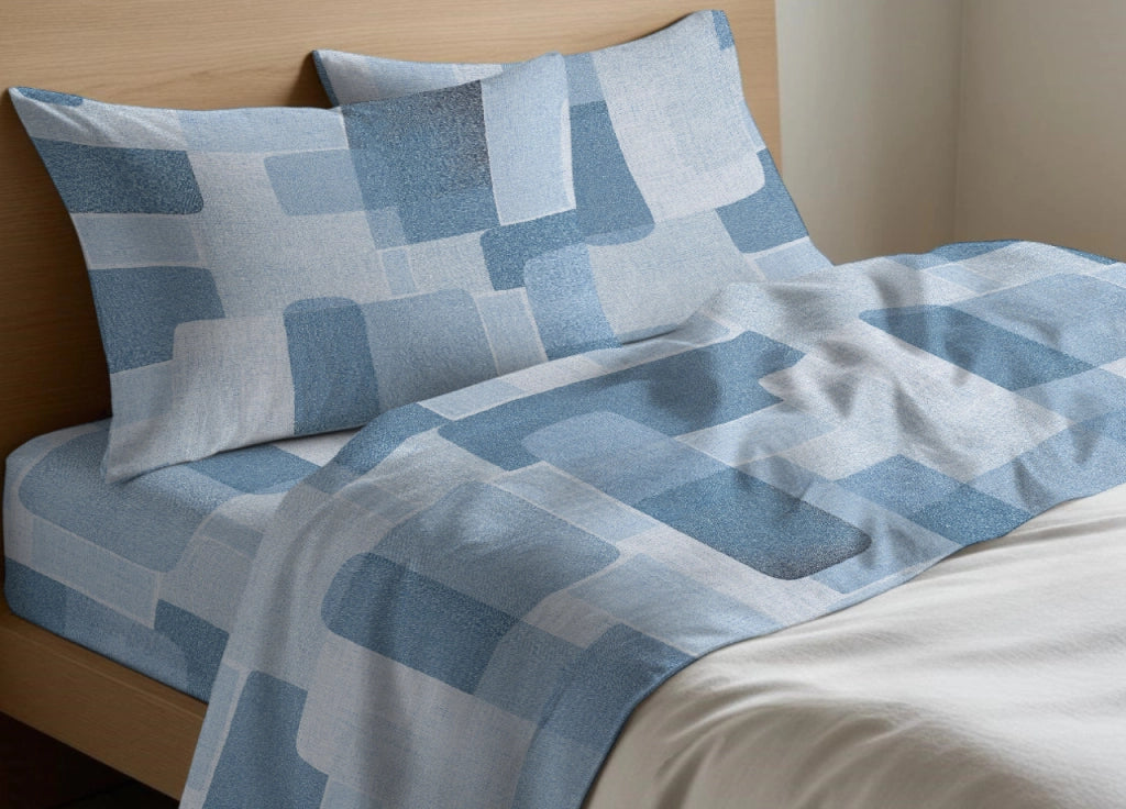 Completo Lenzuola Letto In 100% Cotone Made Italy Disegno Brick - Piazza E Mezza - Azzurro