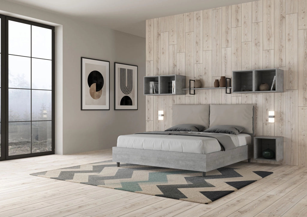 BS COM Letto matrimoniale con rete 160x200 Cemento cuscini similpelle tortora