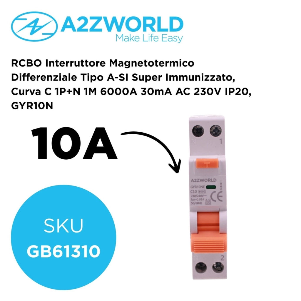 RCBO Interruttore Magnetotermico Differenziale Tipo A-SI Super Immunizzato, Curva C 1P+N 1M 6000A 30mA AC 230V IP20, GYR10N, Disponibili 6A 10A 16A 20A 25A 32A 40A (C10A)