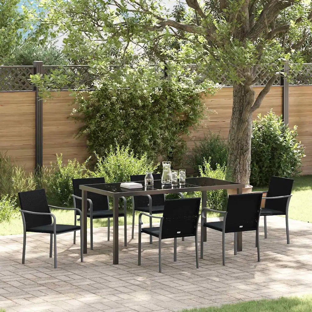 Set da Pranzo per Giardino 7 pcs Nero e Grigio Rattan in PE