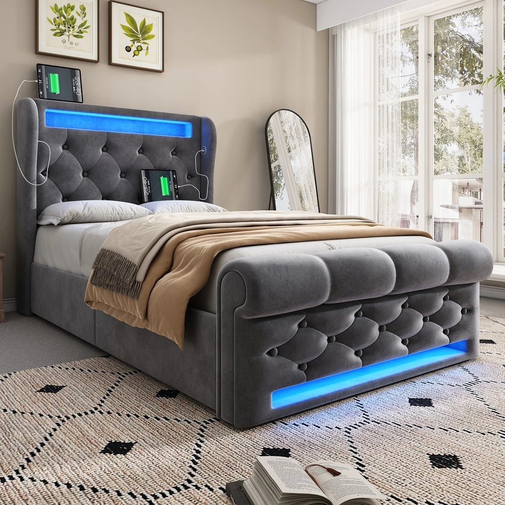 Letto Singolo Imbottito Contenitore con LED ¨C MINIMAL ¨C Grigio Velluto 90x200
