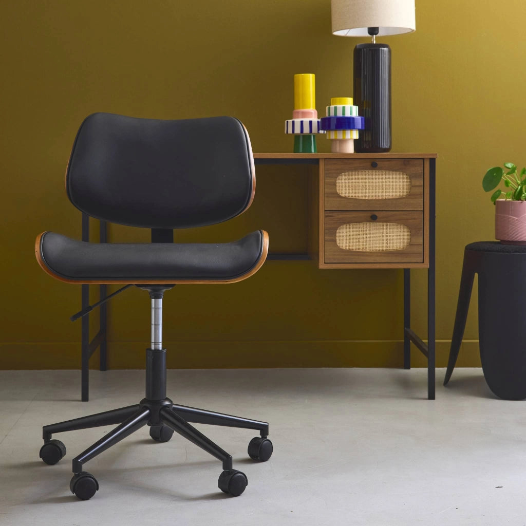 Sedia da ufficio con rotelle, effetto legno curvato e similpelle, nero