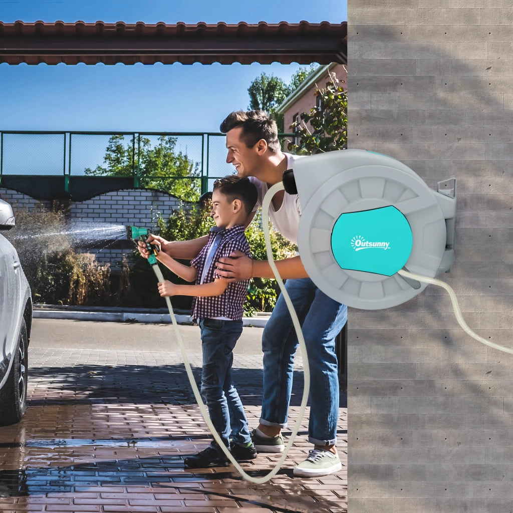 Avvolgitubo Automatico a Parete e Portatile Lunghezza 30+2 m, Sistema di Blocco e 7 Getti, Verde
