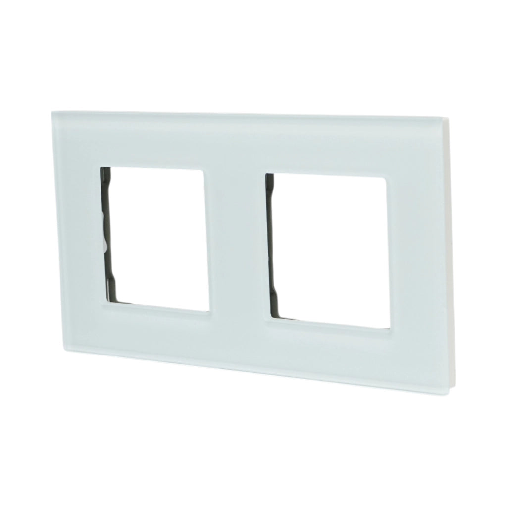 Cornice doppia in vetro bianco per presa e interruttore 157x86 mm