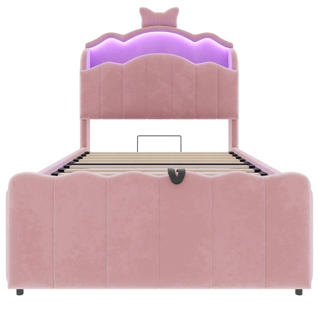 LETTO Contenitore 90x200 cm in velluto rosa con USB e LED