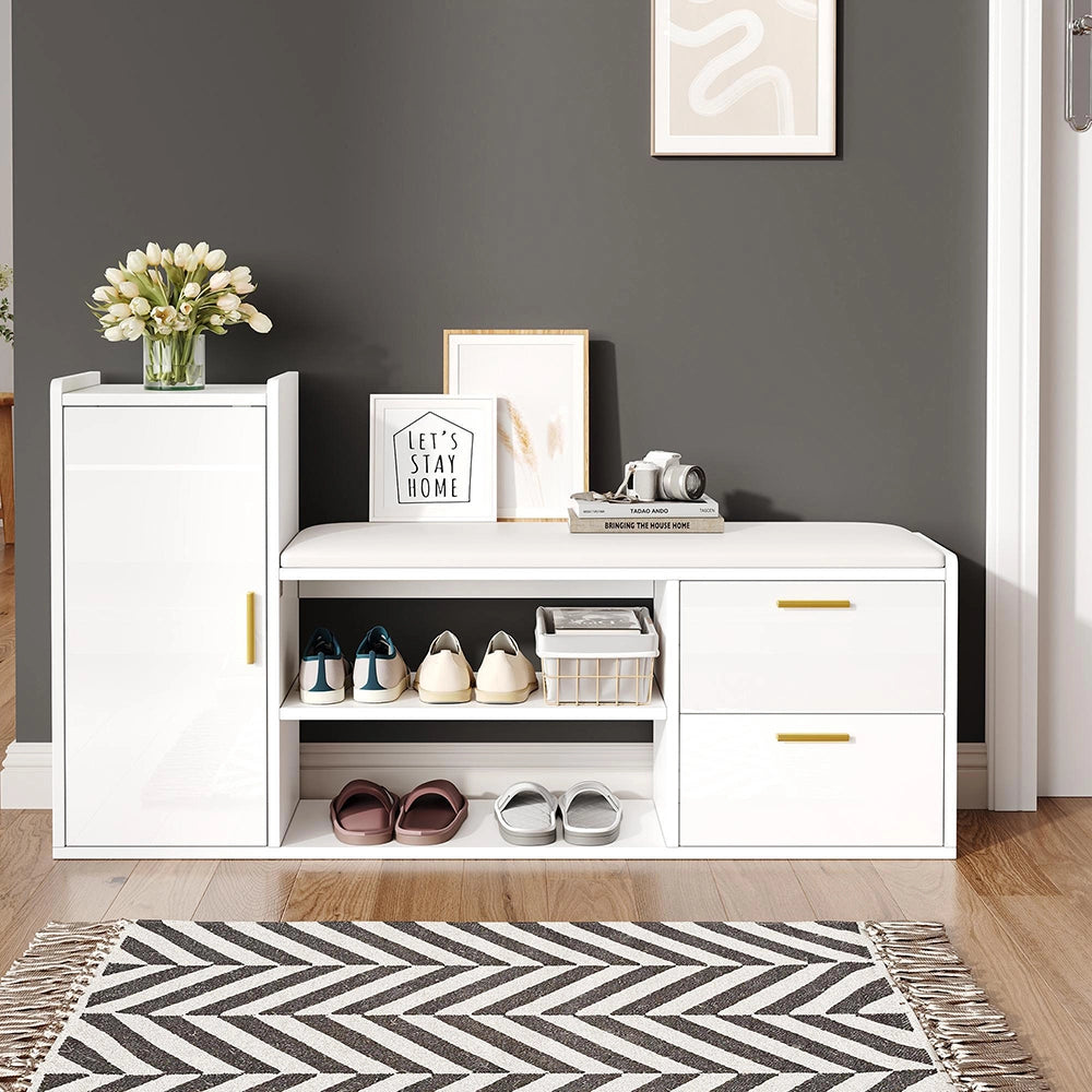 Panchina porta scarpe 128x30x68 cm - Xylo - 2 cassetti, seduta imbottita, per ingresso e ufficio, bianco