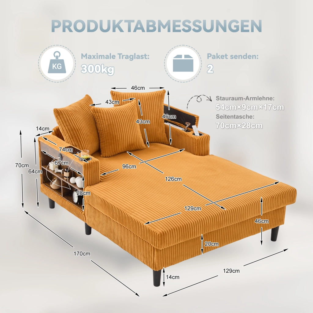Chaise longue con vano; USB; LED; portabicchieri e tasca; in velluto a coste giallo senape