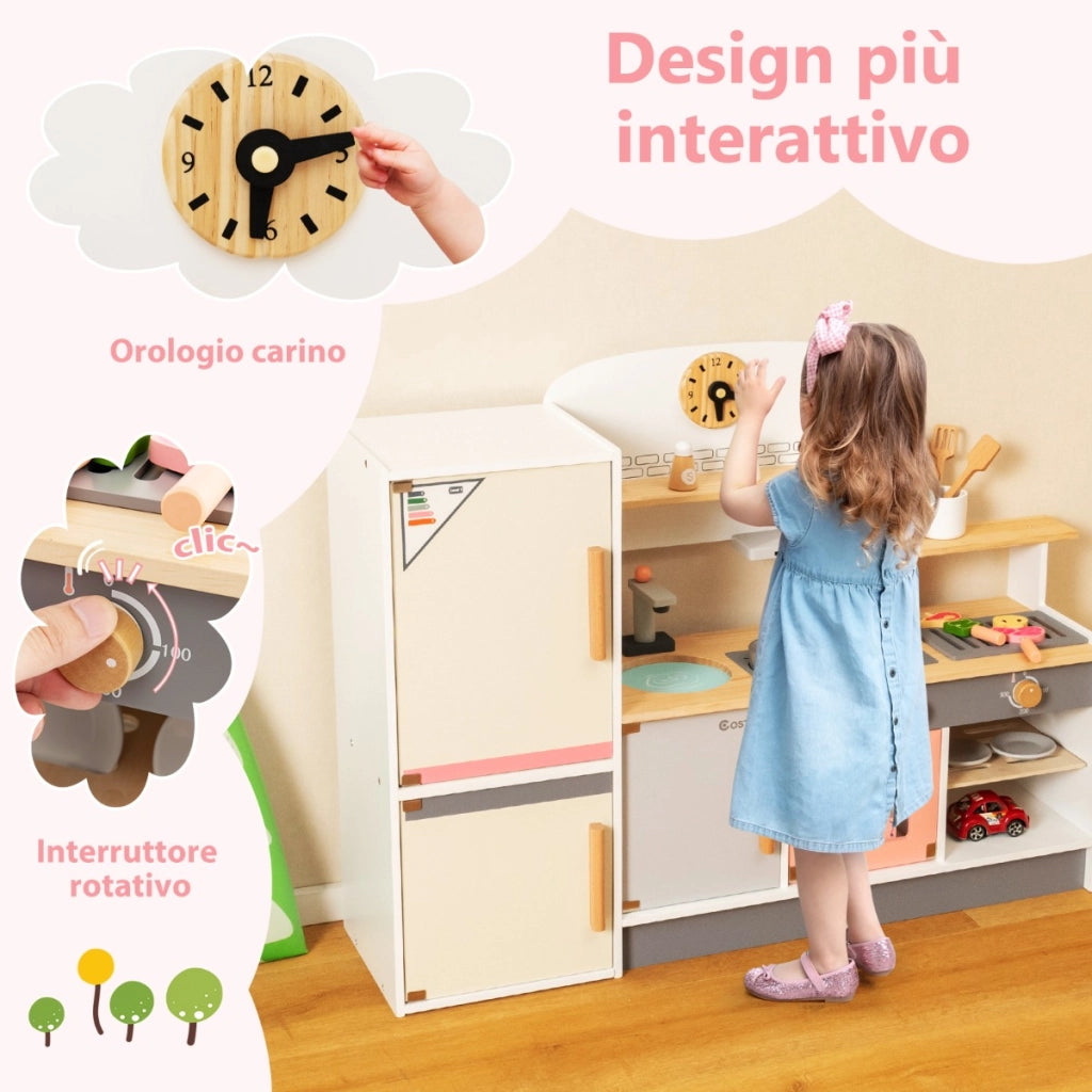Cucina giocattolo per bambini 3 anni+ con frigorifero, Set da cucina in legno con lavandino e utensili da cucina