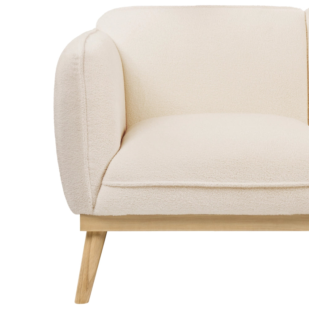 Divano a 2 posti in bouclè beige chiaro con gambe affusolate in legno, divanetto per due persone