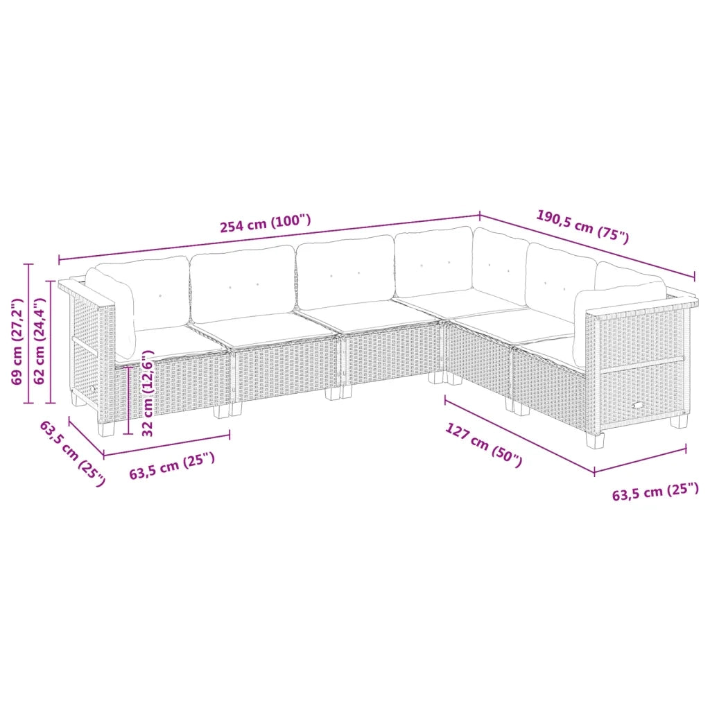 Set Divano da Giardino 6 pz con Cuscini Nero in Polyrattan