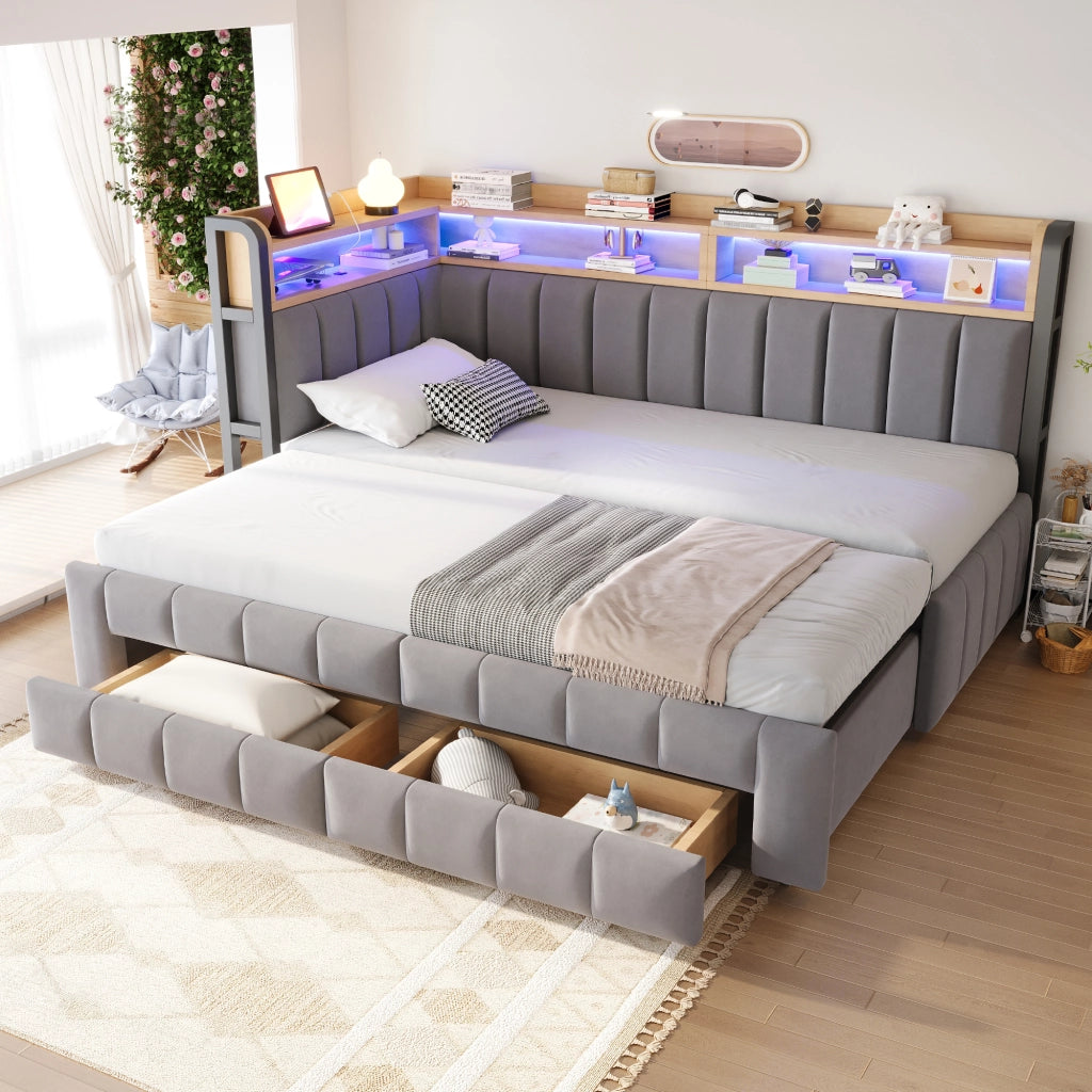 Letto Divano singolo con 2 cassetti; ripiani; LED regolabile; USB e Type-C; 90 × 200 cm; senza materasso