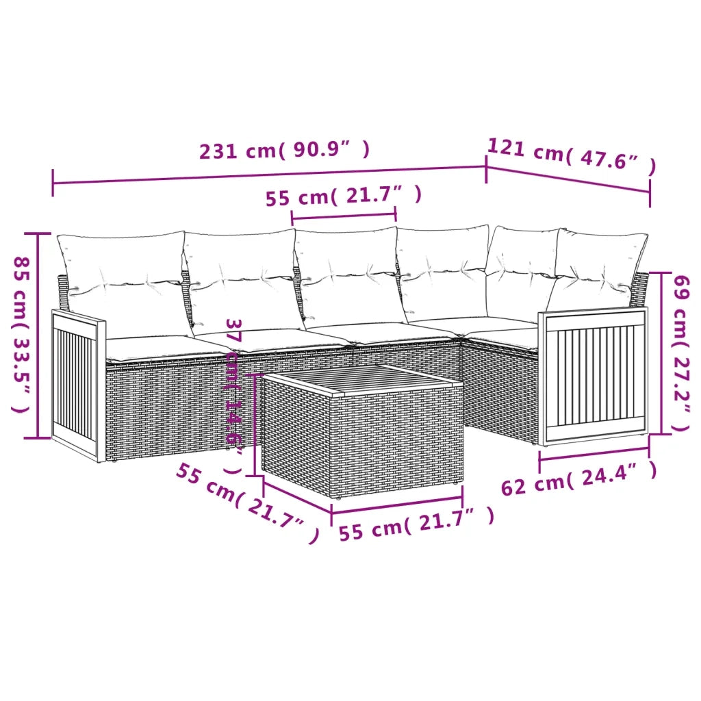 Set Divano da Giardino 6 pz con Cuscini Beige in Polyrattan 3260036