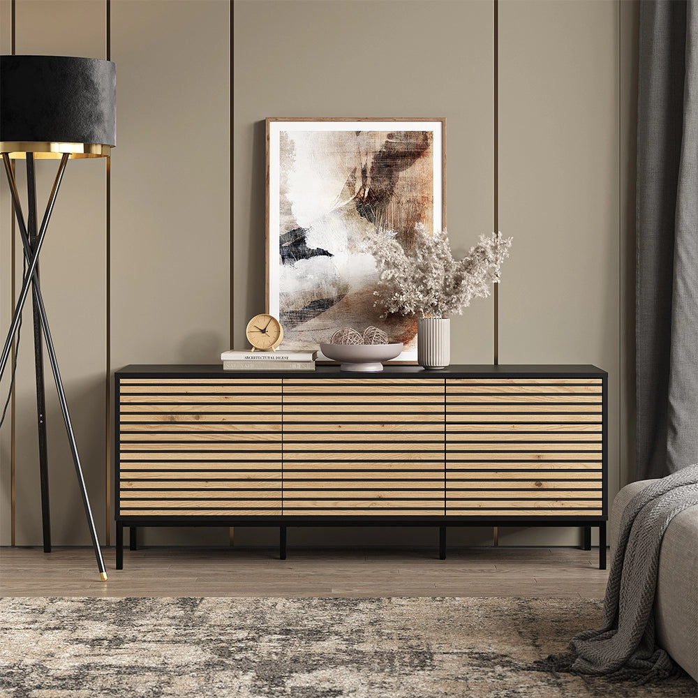 Lowboard Eliza Rovere dorato/Antracite 150 x 60 cm con 3 cassetti Vicco