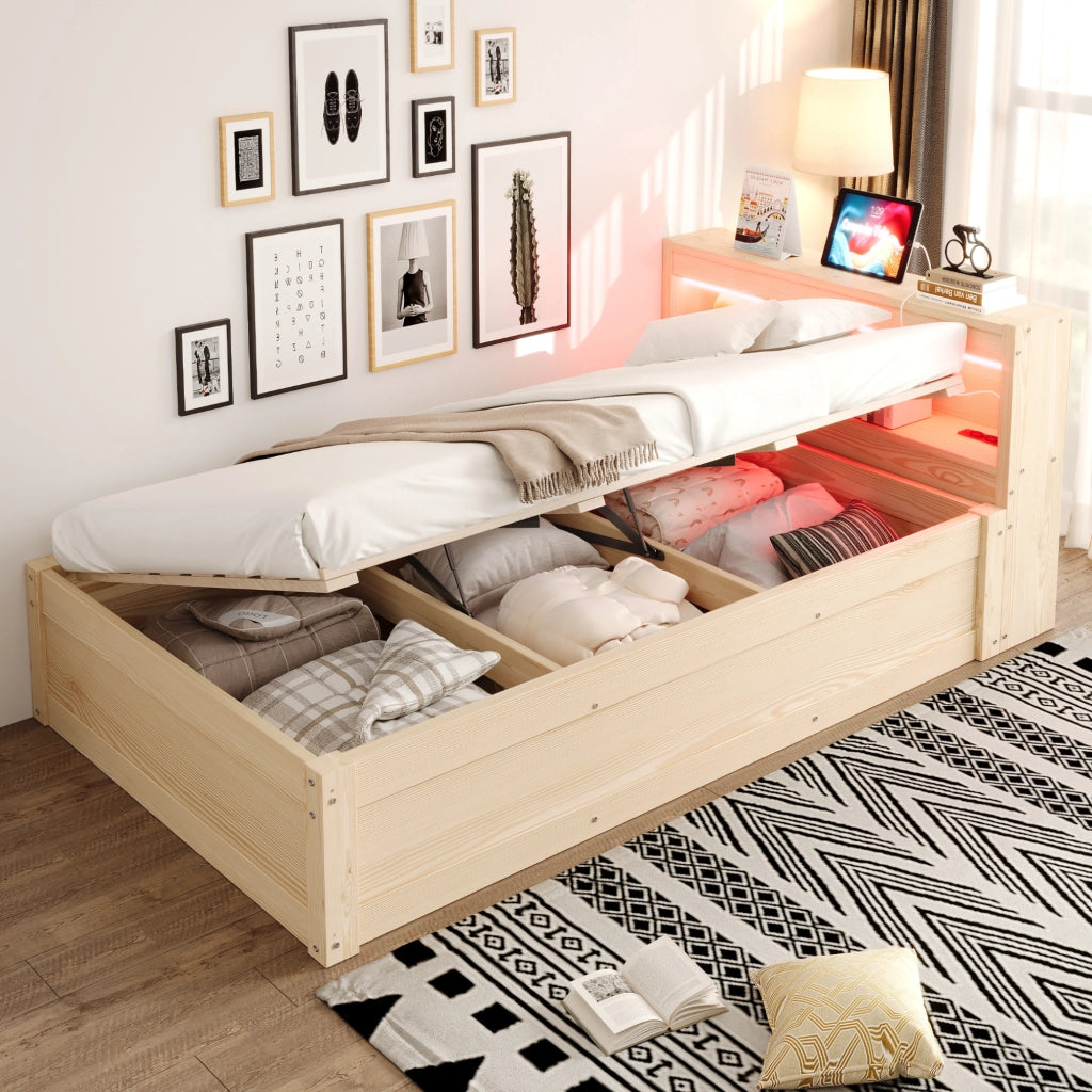 LETTO Multifunzione 90x200 cm Legno con presa e LED