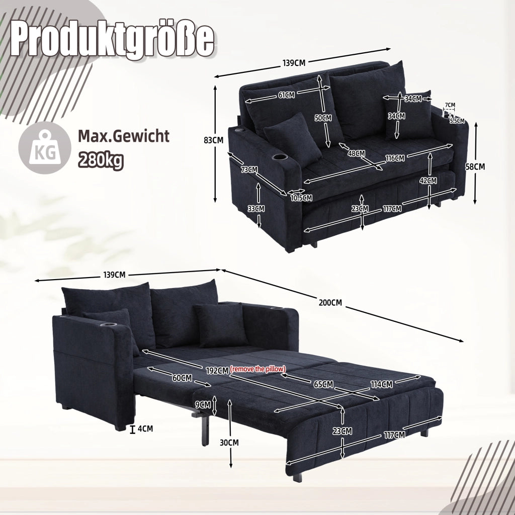 Divano Letto Multifunzione con Contenitore e USB ¨C MINIMAL ¨C Tessuto, Grigio