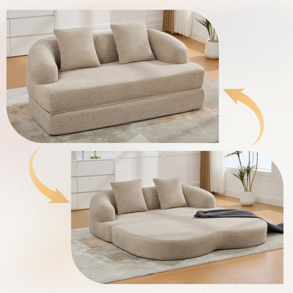 Divano letto convertibile a 2 posti con due cuscini e supporto ergonomico in chenille kaki 157 × 84 × 65 cm