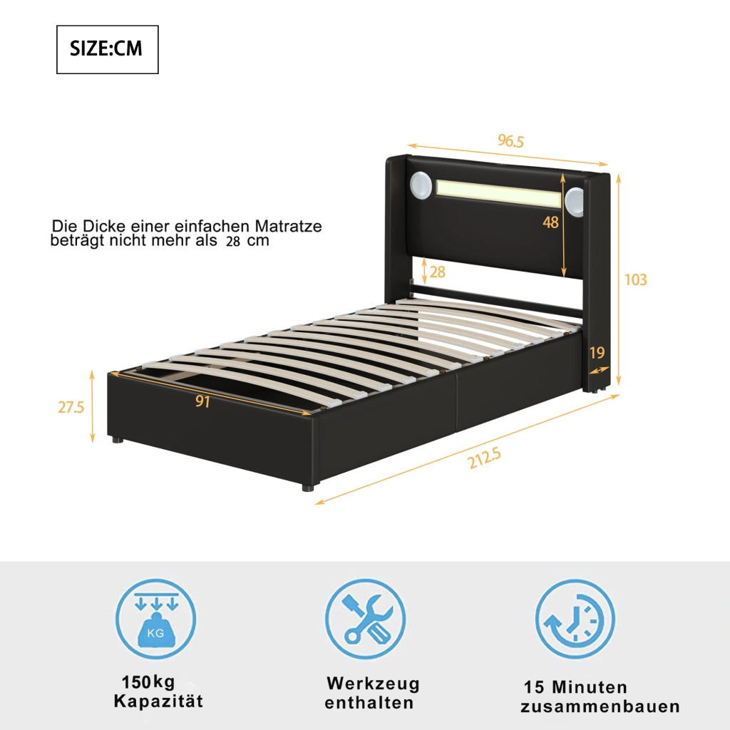 LETTO Bambini 90x200 cm in PU Nero con LED, Bluetooth e USB