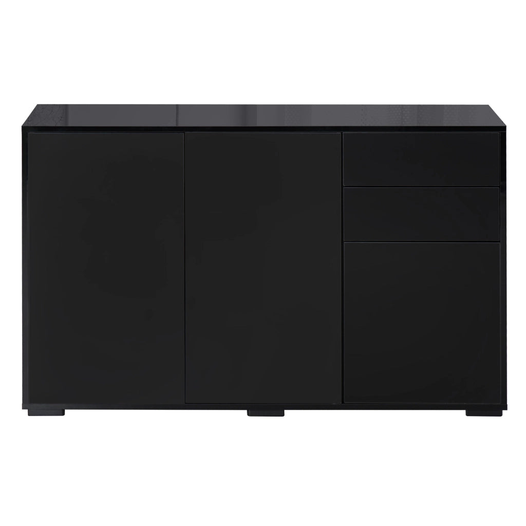 Mobiletto Multiuso Nero con 2 Cassetti e 2 Armadietti ad Apertura a Pressione, 117x36x74cm