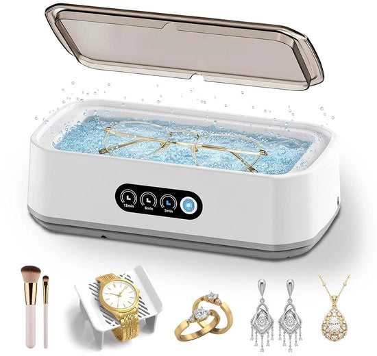 Pulitore Ultrasonico 49KHz - Con 3 Modalità di Pulizia 650ML 304 Tanella in Acciaio Inossidabile Bianca - Adatto per Gioielli, Occhiali, Anelli, Cinturini di Orologio, Protesi, Fili di Sostegno, Monete, Orecchini