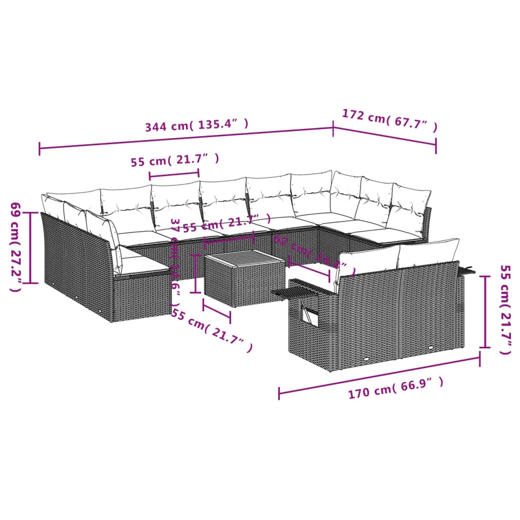 Set Divani da Giardino 13pz con Cuscini Nero in Polyrattan 3224796
