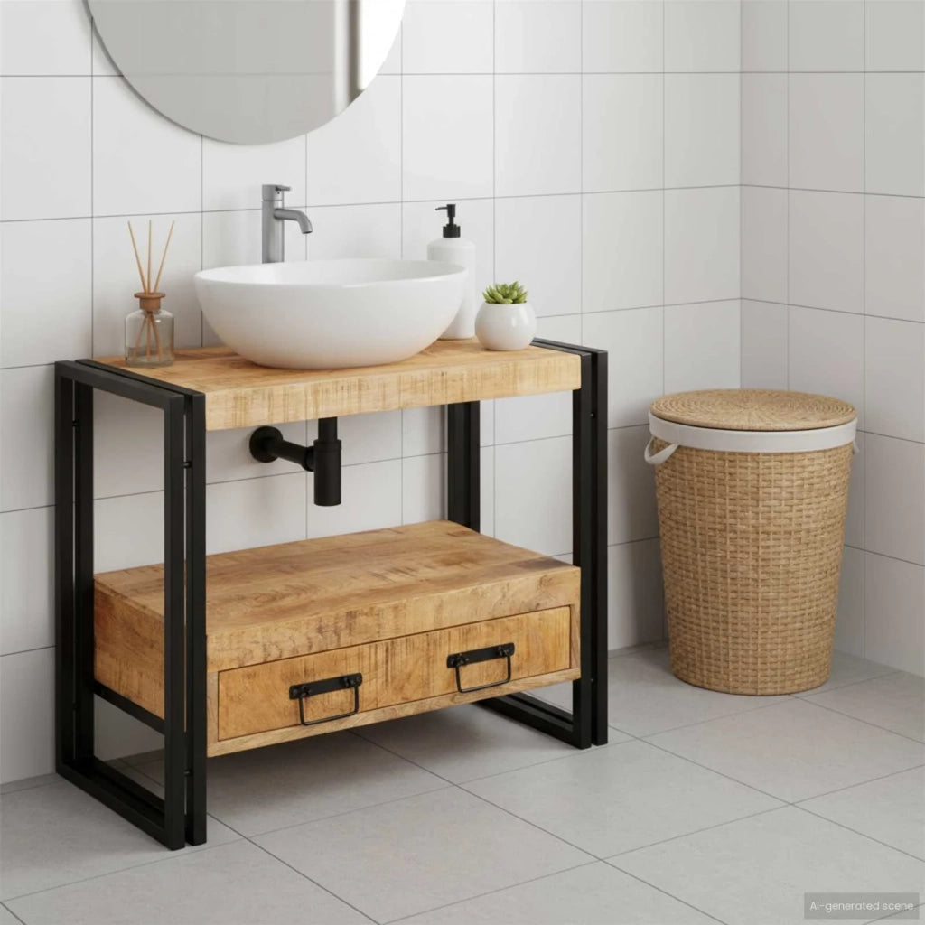 Armadio da bagno con cassetto Marrone Legno di mango massello 4102769