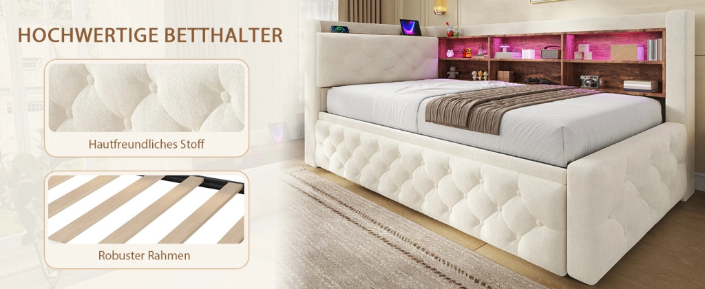 Divano letto estraibile 90x190 cm in velluto beige con contenitore, USB, Type-C e LED