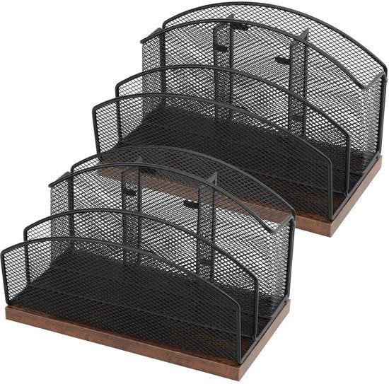 Cassa in legno per lettere con contenitori per penne, organizzatore in metallo per scrivania con 5 fessi verticali, nero, cassa per lettere, cartoline, carta da lettera (2-pack)