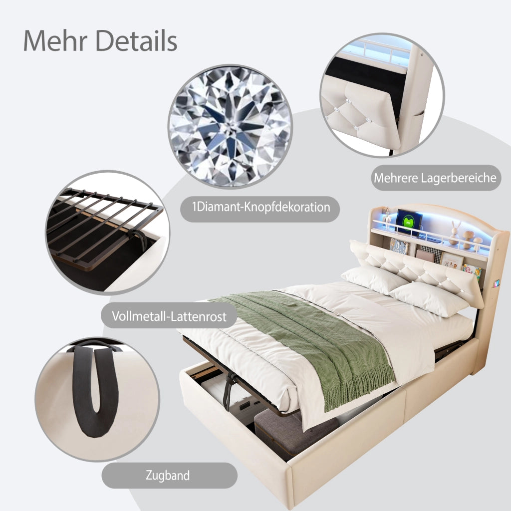 letto imbottito tessuto beige 90 x 200 cm