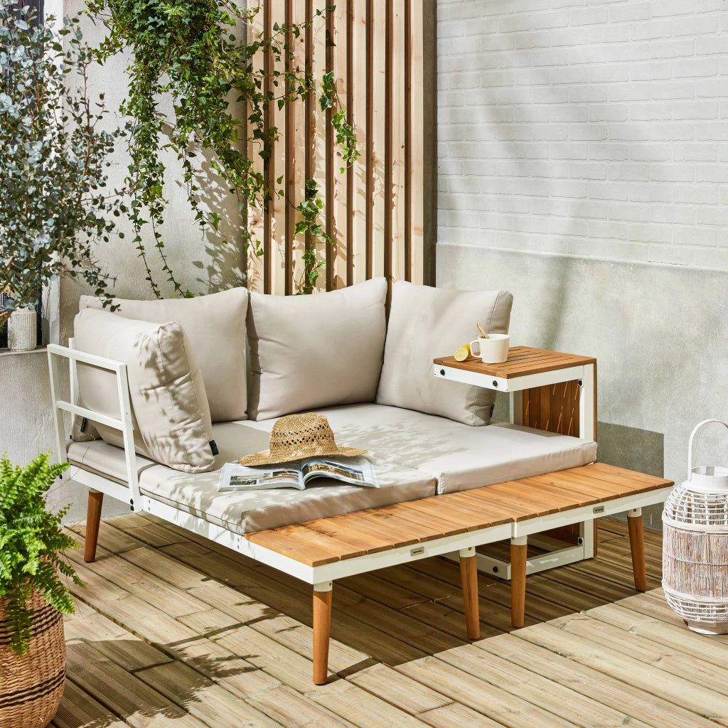 Salotto da giardino in alluminio e acacia,  4 posti, bianco