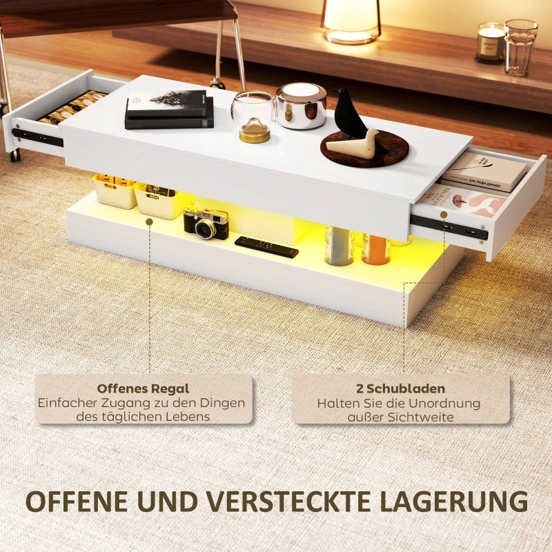 Tavolino basso con LED, 2 cassetti e vano aperto, finitura lucida, per soggiorno, in truciolato, bianco, 120 × 50 × 42 cm