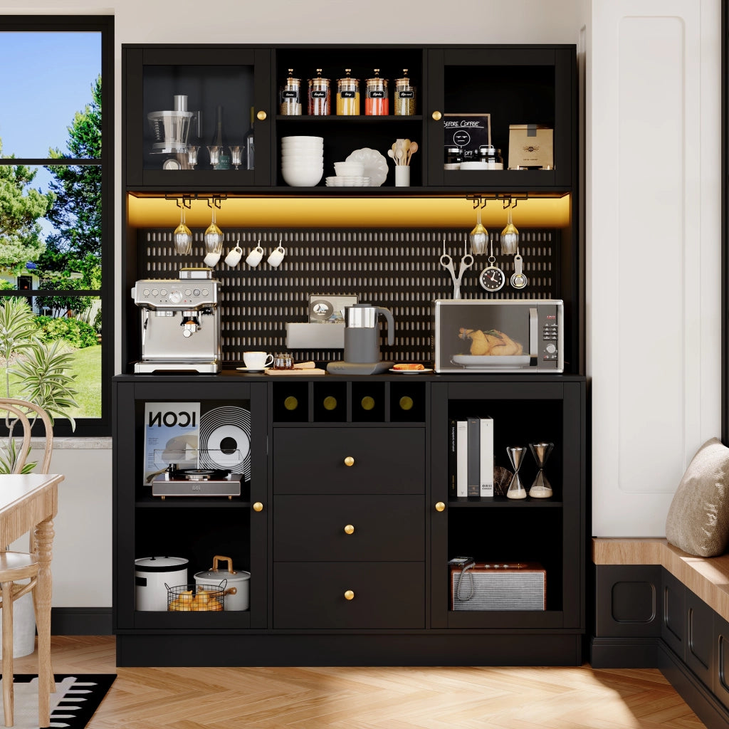 Armadio Alto da Cucina con Luce LED, Ripiani e Portabottiglie ¨C Xylo ¨C Nero
