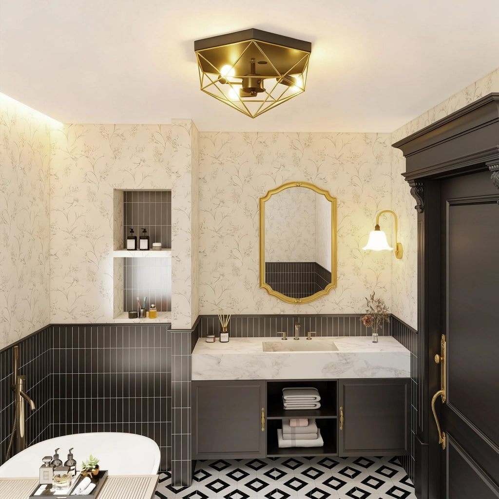 Lampada da Soffitto Industriale Geometrica a 3 Luci ¨C Minimal ¨C Nero e Oro