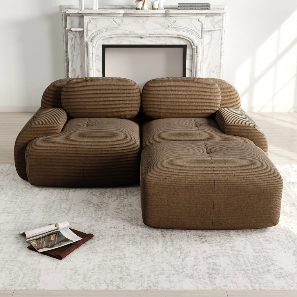 Divano Angolare Modulare ¨C MINIMAL ¨C Tessuto Cordoncino, Braccioli Curvi, Marrone