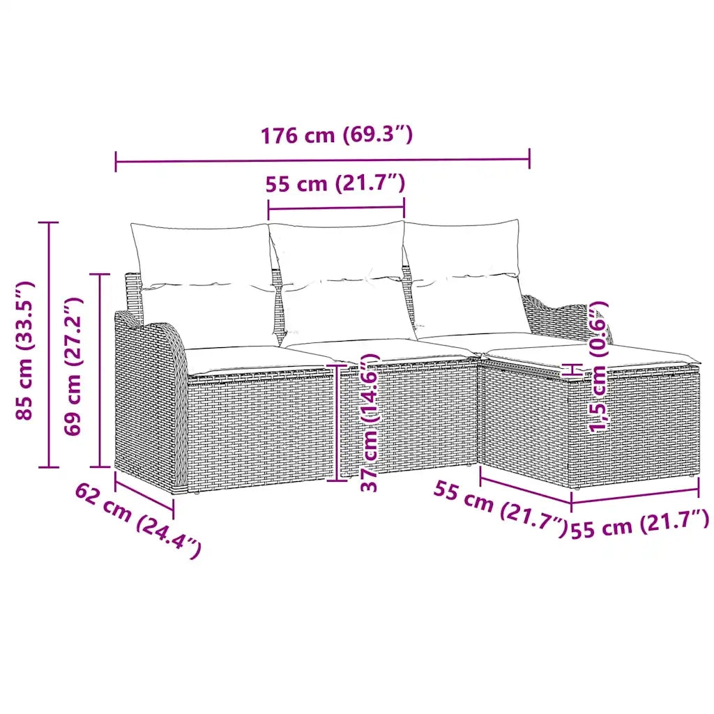 Set Divano da Giardino con cuscino 4 pcs Nero Poly Rattan 3345647