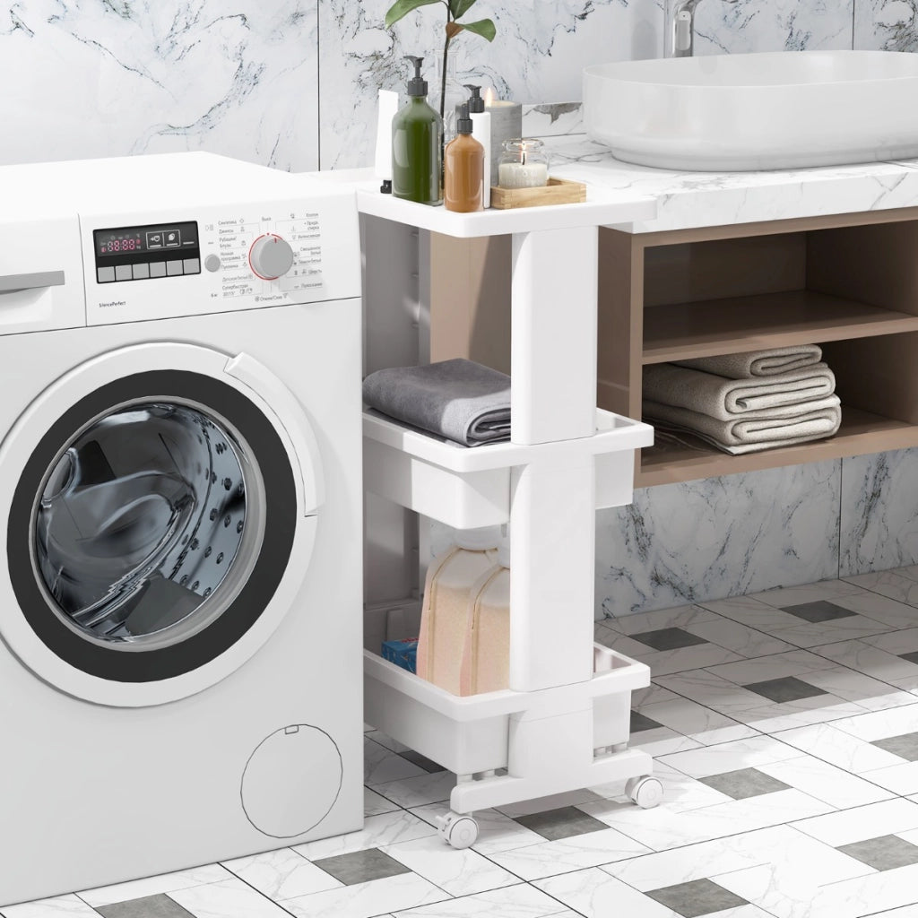 Carrello a 3 piani con piano d'appoggio, Carrello portaoggetti con ruote bloccabili per cucina bagno ufficio Bianco
