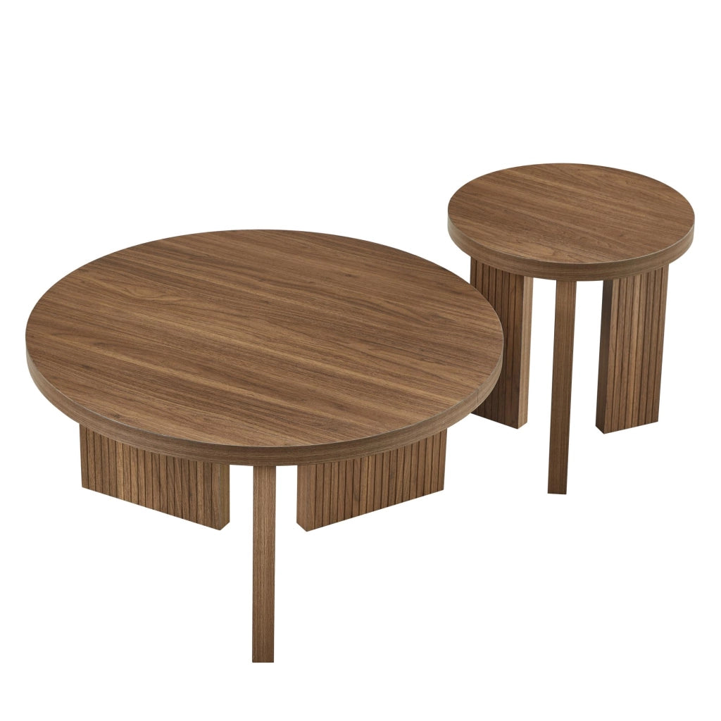 TAVOLINO DA CAFFÈ ROTONDO Set da 2 pezzi Noce MDF Struttura scanalata