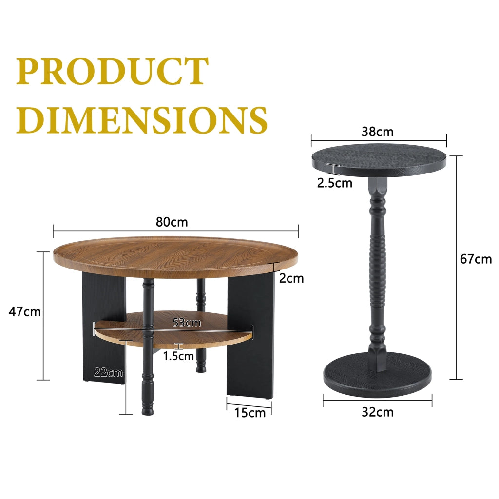 TAVOLINO DA CAFFÈ Rotondo Set da 2 pezzi Ø80 cm MDF Noce/Nero