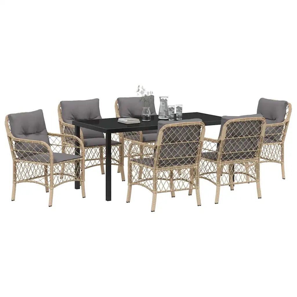 Set da Pranzo per Giardino con cuscino 7 pcs Beige polyrattan