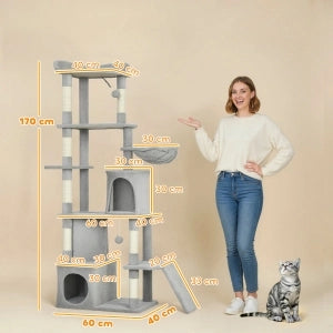 TIRAGRAFFI per gatti 170 cm con tunnel, cuccette e base ampia, grigio chiaro