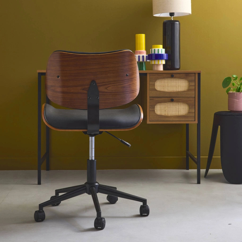 Sedia da ufficio con rotelle, effetto legno curvato e similpelle, nero